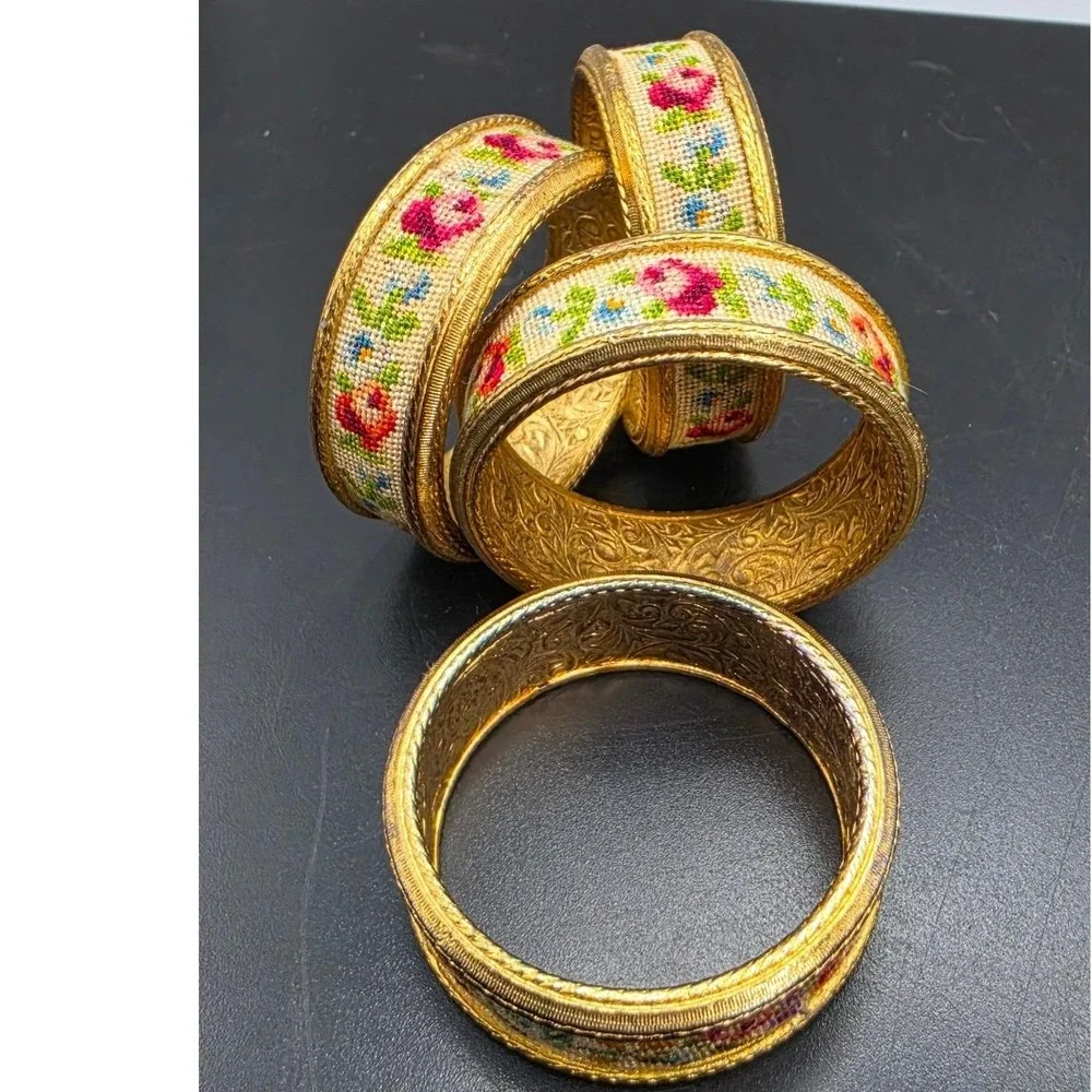 Vintage Petit Point Floral Napkin Rings Set of 4 Gold Tone Engraved Metal Rose